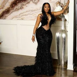 Sparkly Black Mermaid Prom Dresses Black Girls Feather Evening Gowns Sweep Train Women Formal Party Dress Robe De Soiree