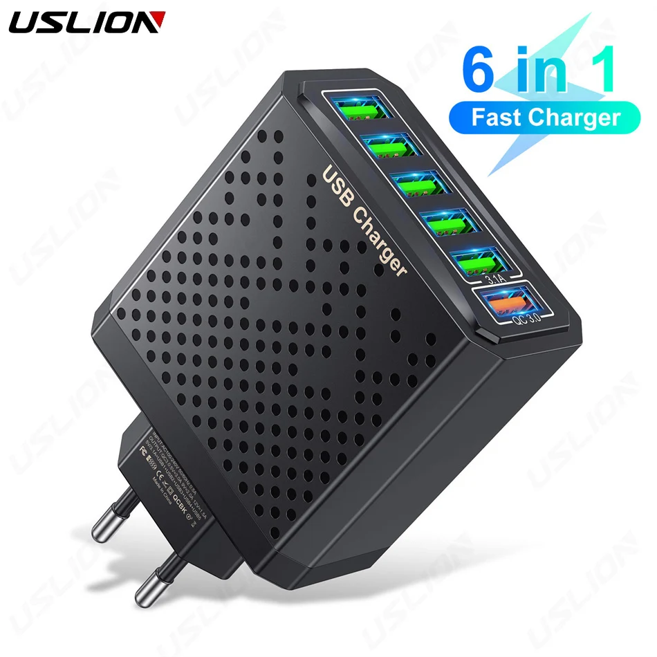 USLION 6 In 1 USB Charger Quick Charge 3.0 EU Plug For Phone Adapter For iPhone 14 11 12 Tablet Portable Wall Mobile Charger