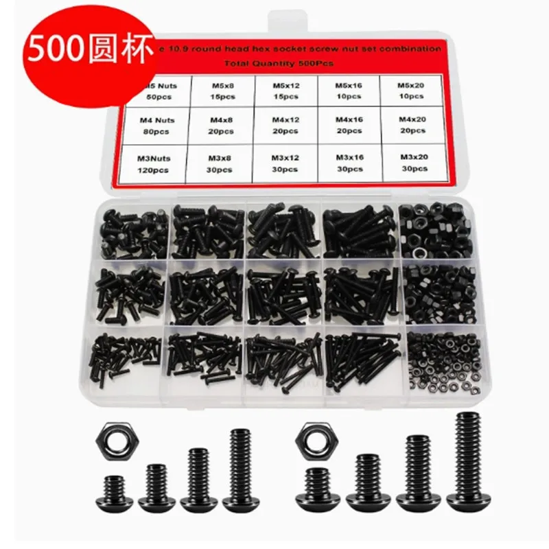 500Pcs M3 M4 M5 Hex Socket Button Head Allen Screws Bolts Nuts Assortment Kit 10.9 Grade Black Round Head Screws Set