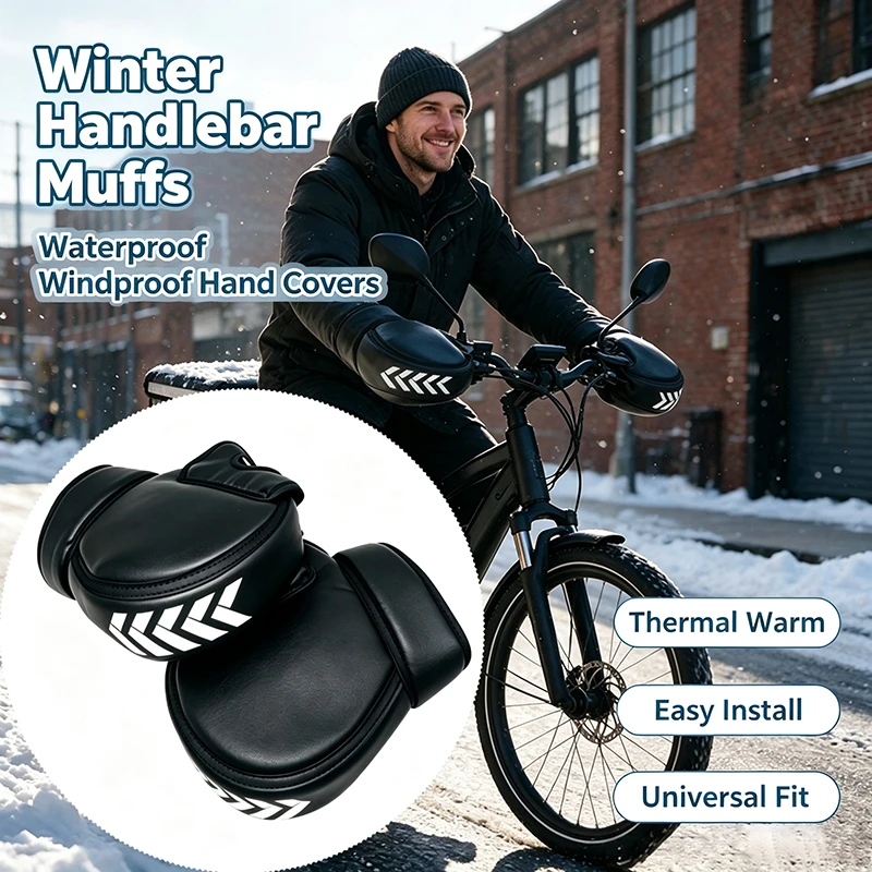 Winter Motorcycle Handlebar Pogies Muffs Universal Waterproof Windproof Thick Thermal Hand Mitts Reflective Strips For E-Bike