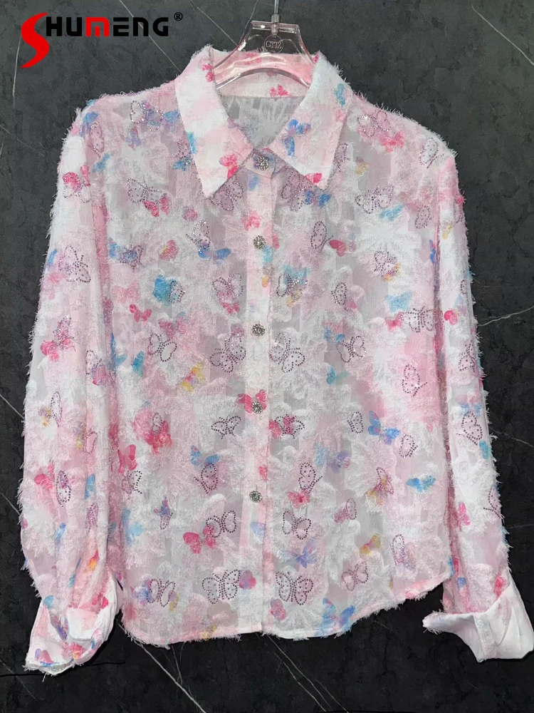 

Women's 2026 Summer New Hot Diamond Butterfly Tassel Shirts Ladies Elegant Long Sleeve Shirts Women's Loose Comfort Trendy Tops