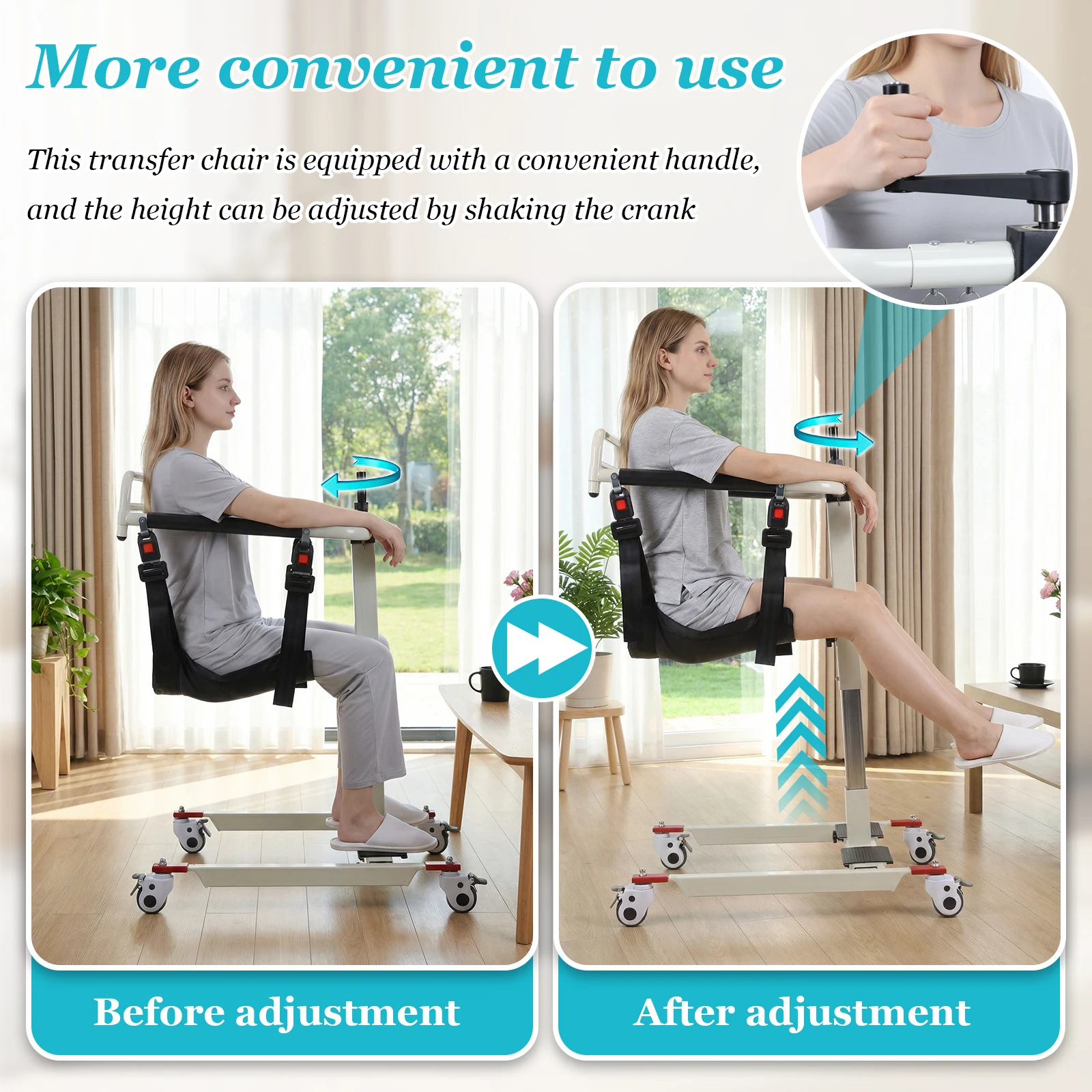 Lightweight Bedside Bathroom Wheelchair with Adjustable Height & Width Patient Transfer Lift Wheelchair with Wheels for Elderly