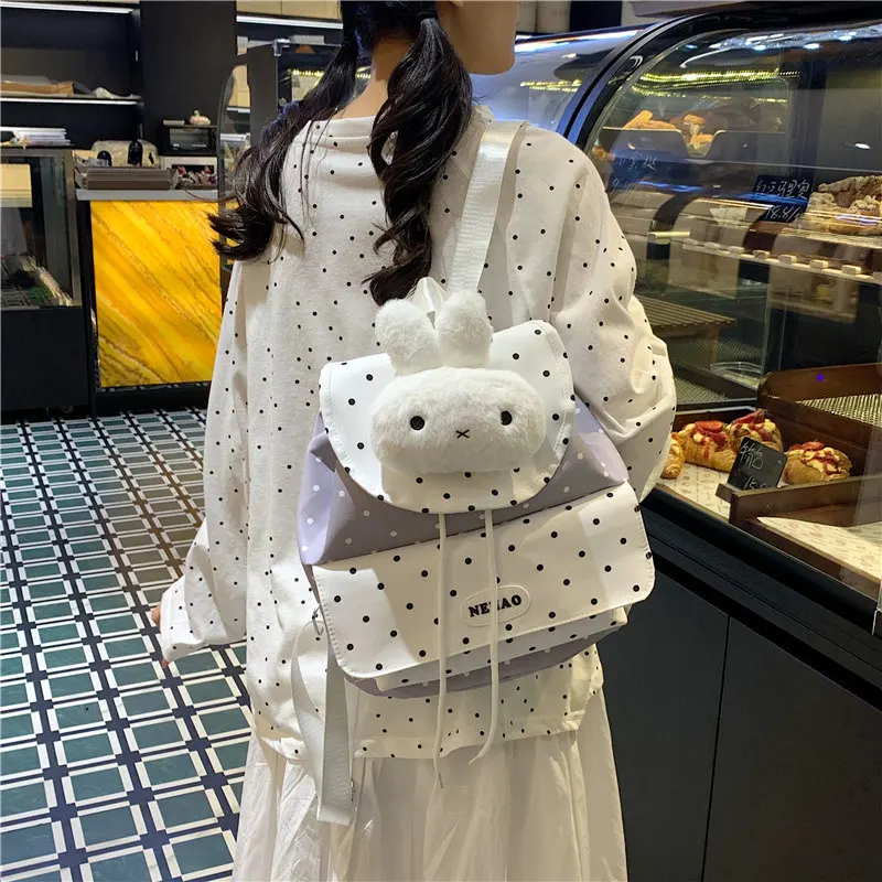 New Cute Polka Dot Rabbit Backpack for Women, Large Capacity Student School Bag, Casual Commuting Lightweight Sweet Backpack