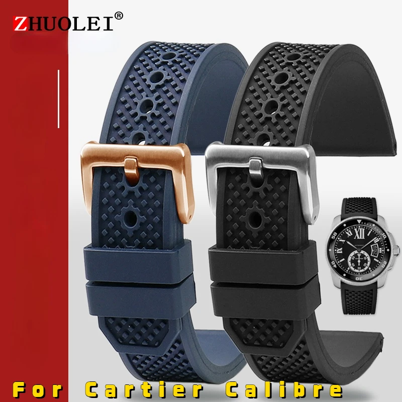 For Cartier Calibre London Tank Strap W7100056/WSCA0006W7100037/W7100041/7100015 man fluoro rubber silicone watchband 23mm 24mm