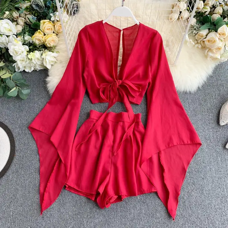 Summer Two Pieces Short Sets Women Casual Flare Sleeve  chiffon  with Korean Fashion High Waist Wide Leg Shorts Sets