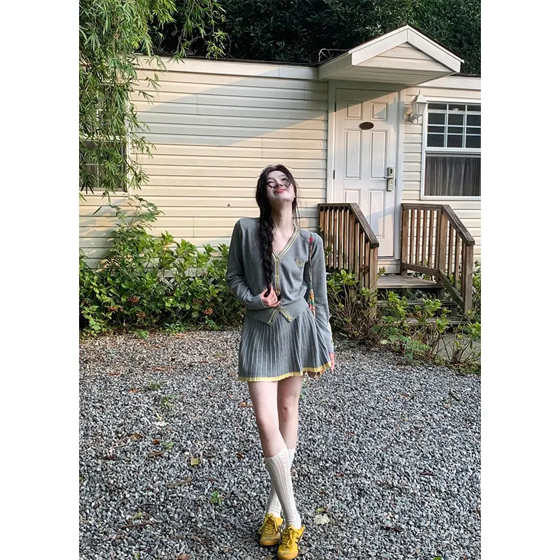 Gray V-neck Knitted Open Cardigan And Skirt Two-piece Set Autumn Fashion Gentle Style Small Fragrance Style High-grade Feeling