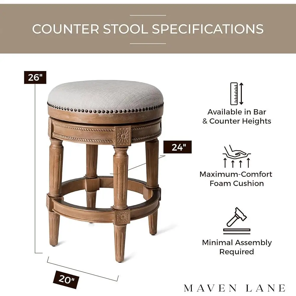 Backless Swivel Barstool Upholstered Cushion Kitchen Counter Stool Wood Carved Design 26 Inch High Weathered Oak Finish