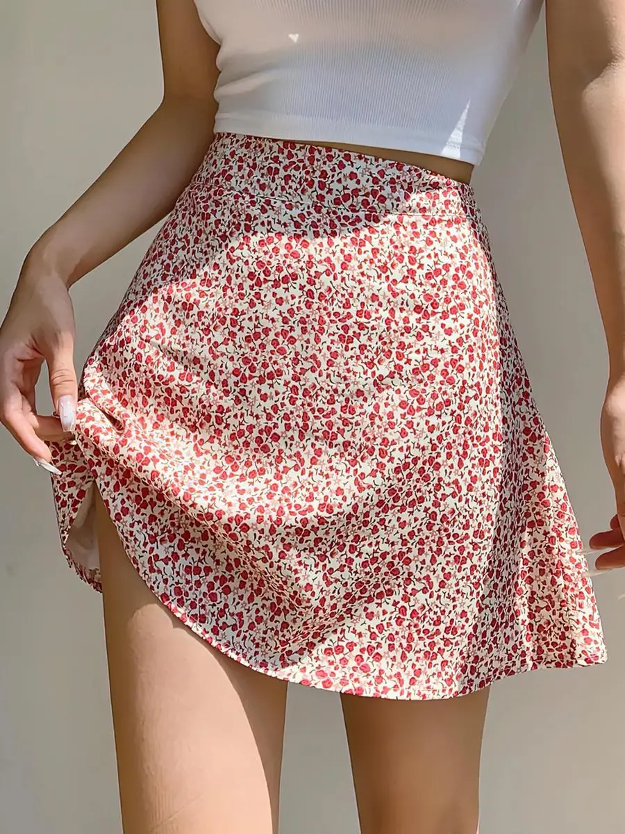Woman Skirt High Waist Floral Red Skirts For Women Short Korean Style 2025 Trend Premium Fashion Vintage Aesthetic Cheap V Y2k