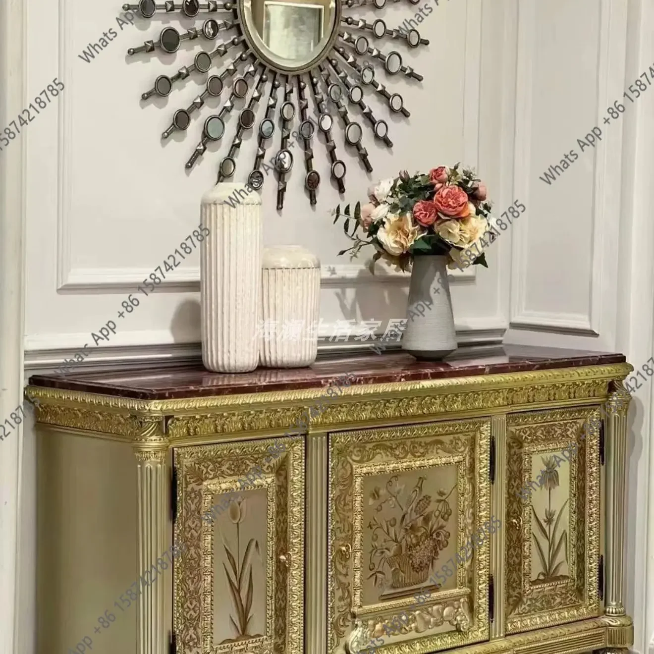 X32 French Art Painted Dining Side Cabinet American Villa Luxury Entrance Cabinet European Solid Wood Carving Flower Shoe Cabine