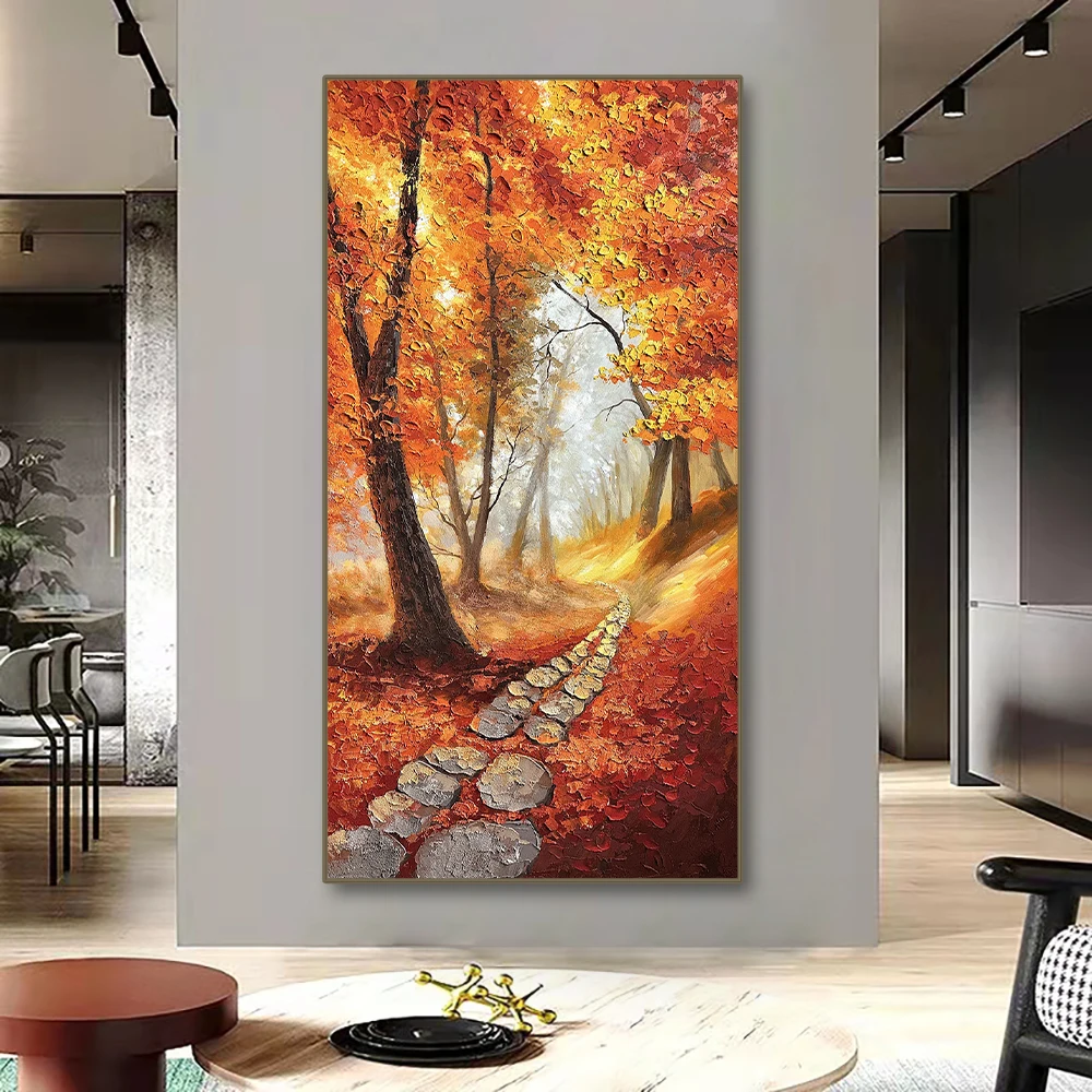 100% hand-painted Autumn Fall Scene Landscape Brush Oil Painting Maple Canvas Wall Art Pictures For Living Room Aisle Decoration