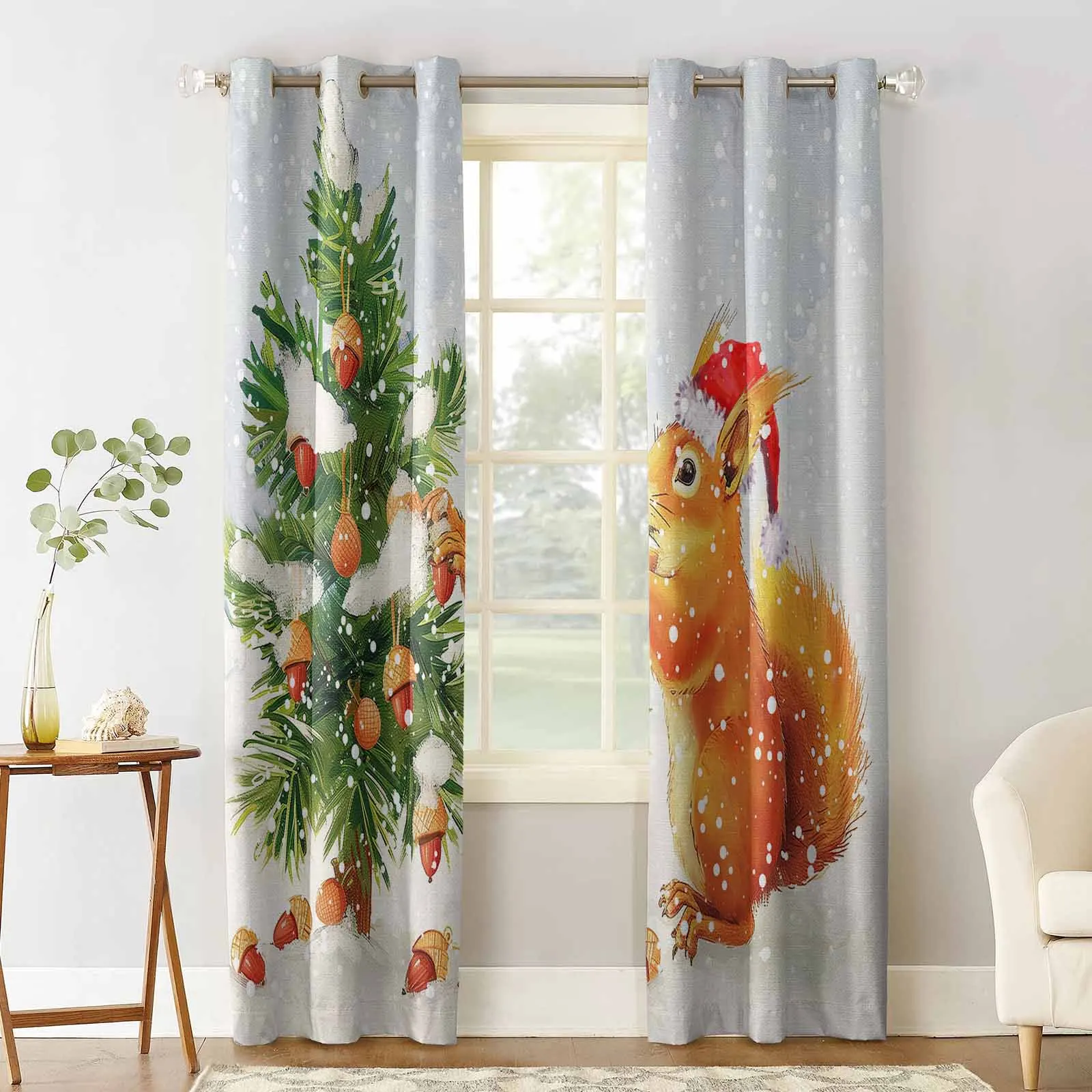 Christmas Tree Squirrel Snowflake Watercolor Curtains For Kitchen Bedroom Window Treatment Curtains For Living Room Home Decor