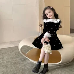 Girls Dress Velvet Black And White 2024 New Embroidered Autumn Long Sleeved Dress With Children's Autumn And Winter Doll Collar