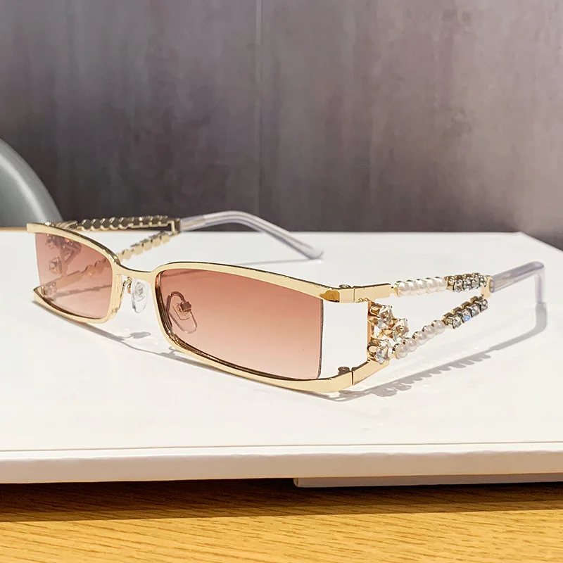 Y2K Millennium Hollow Metal Small Square Sunglasses Rhinestone Pearl Decor Temple Sun Glasses Unisex Narrow Fashion Decor Shades