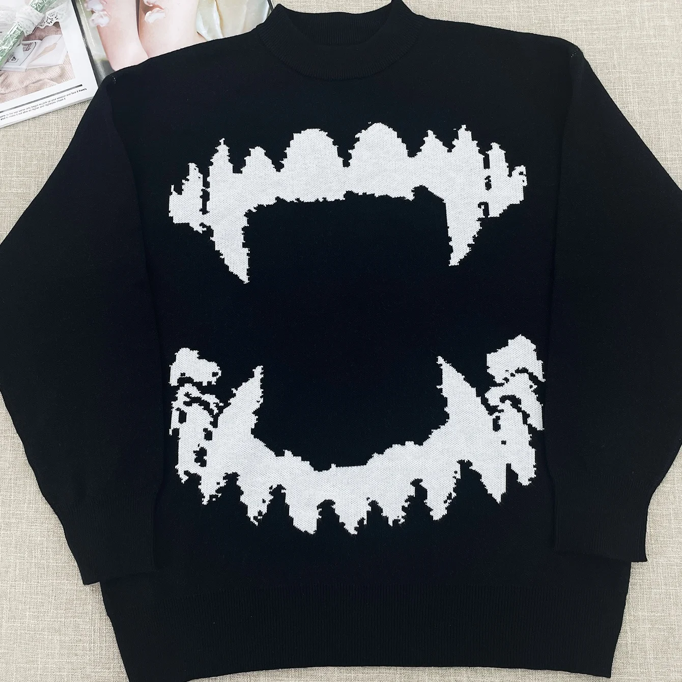 Hip Hop Streetwear Knitted Sweater Women Gothic Tooth Graphic Pullovers Autumn Black Sweater Women Fitting Sweater Y2k Clothes