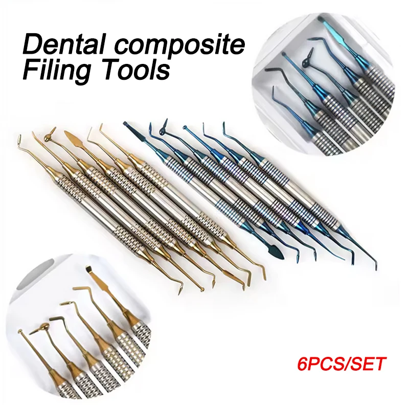 

6 шт./компл., набор наполнителей из смолы для стоматологической головки, шпатель для наполнения композитной смолой, титановая ручка