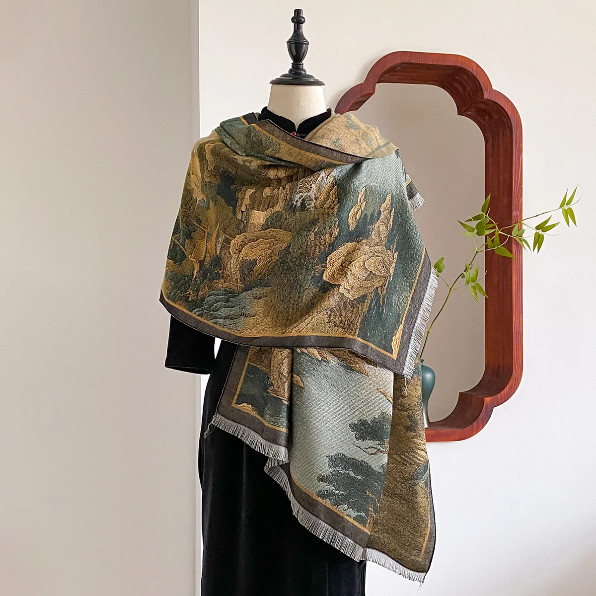 

New Chinese Style Landscape Painting Women Scarf Soft Warm Pashmina Shawl Winter Outdoor Coldproof Windproof Blanket Wrap Scarf