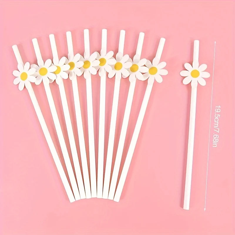 10pcs Affordable Daisy Flower Series Paper Straws Disposable Paper Straws Holiday Birthday Party Decoration Supplies