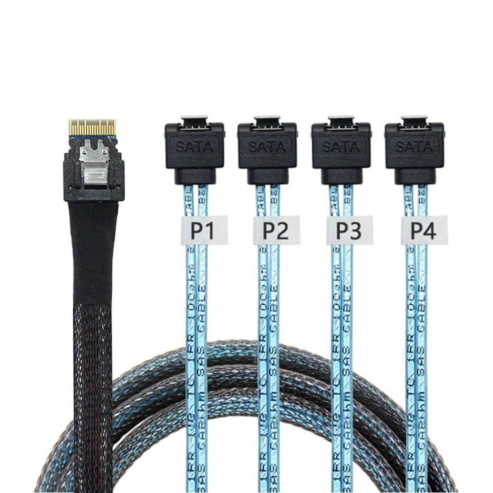 PCIE Slimline SAS 4.0 38Pin SFF-8654 4i To 4 SATA 7P Female 90 Degrees Adapter Cable High-speed Length Optional 0.5M 1M