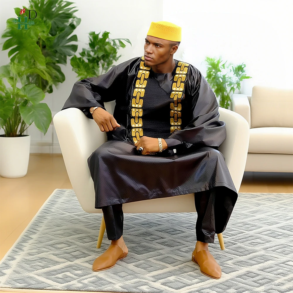 

H&D African Clothes Embroidery Bazin Riche Gown For Men Elegant Party Wedding Thobe 3 PC Top and Pants Black Suit Set Daily Wear