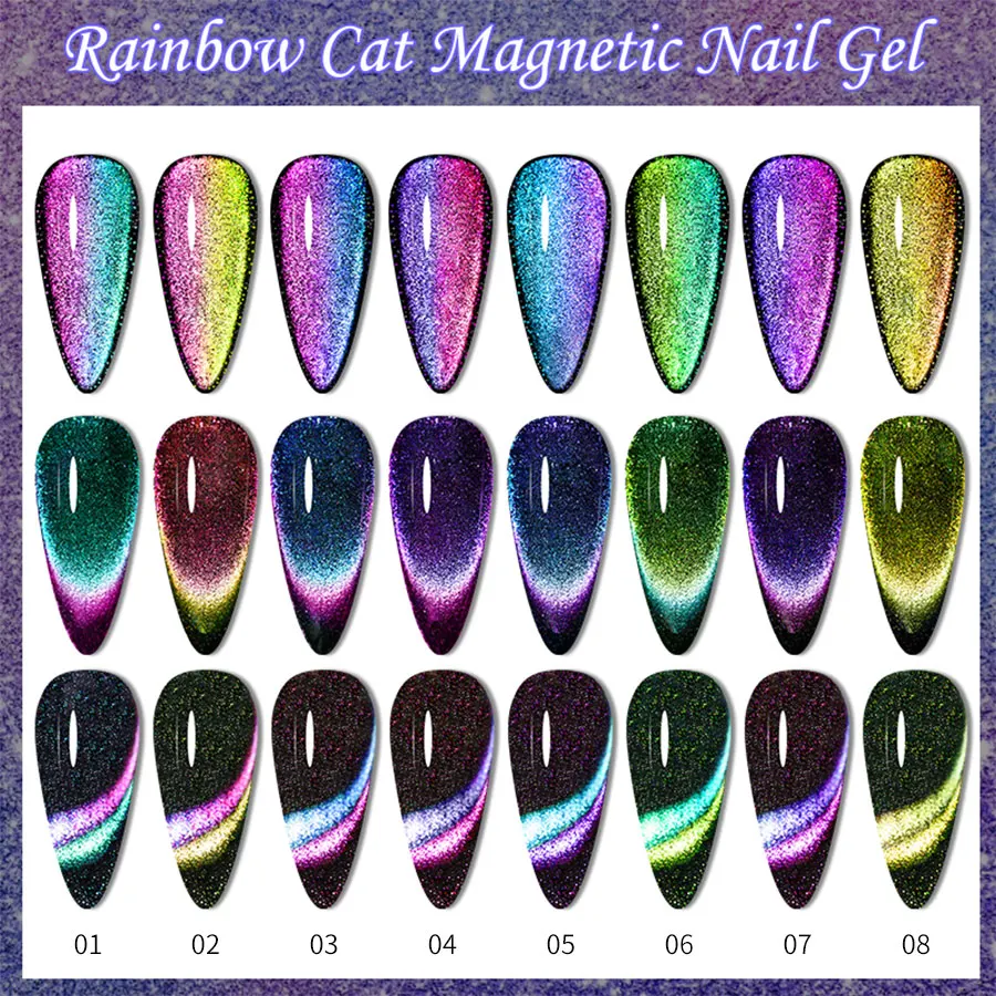 9pcs Nail Cat Eye Gel Set Rainbow Cat Effect Magnetic Gel Polish, Soak Off UV LED Gel Polish Manicure Nail Art With Magnet Stick