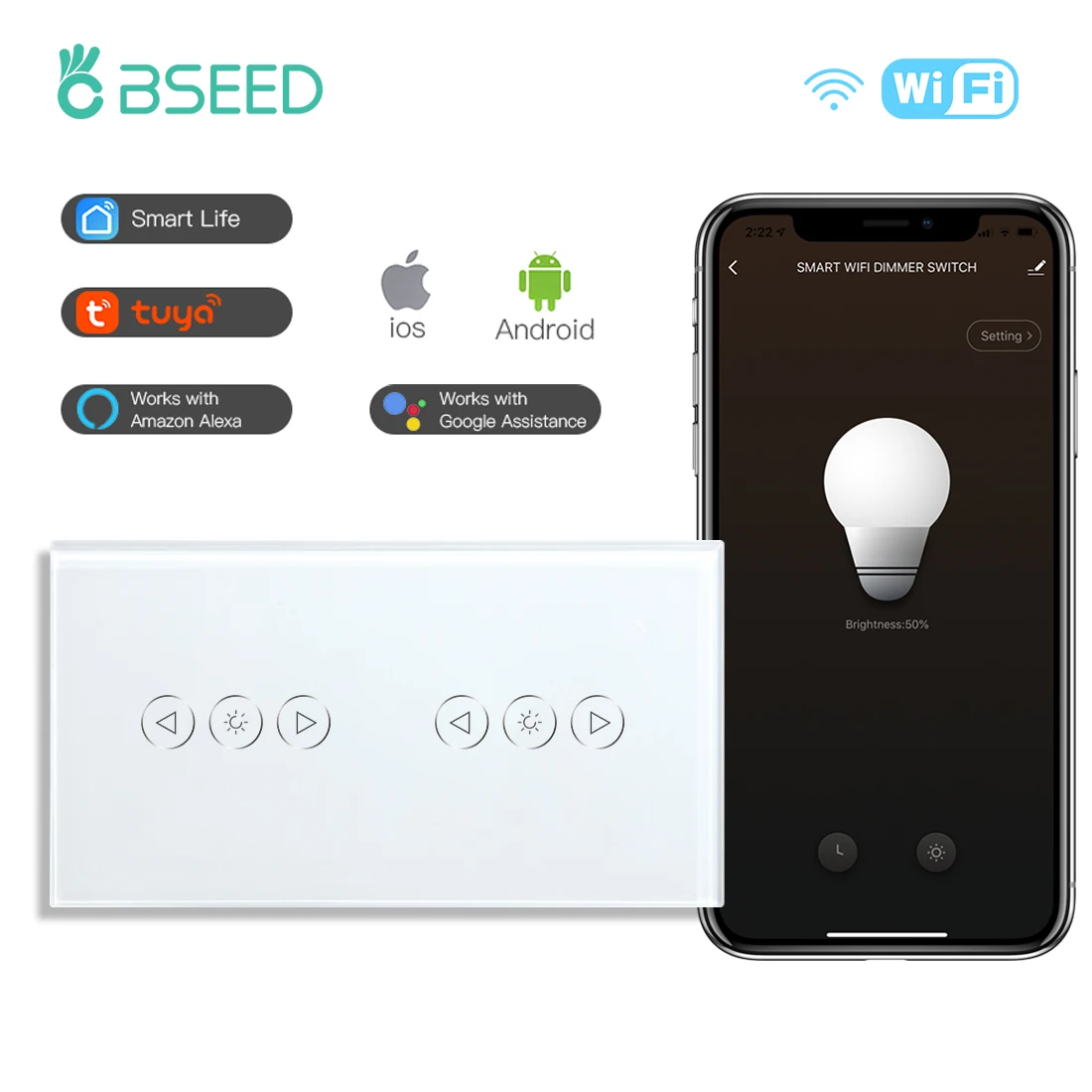 BSEED WIFI Dimmer Switch Double LED Dimmable Touch Light Switches Blue Backlight Glass Panel Work With Google Tuya Smart Life