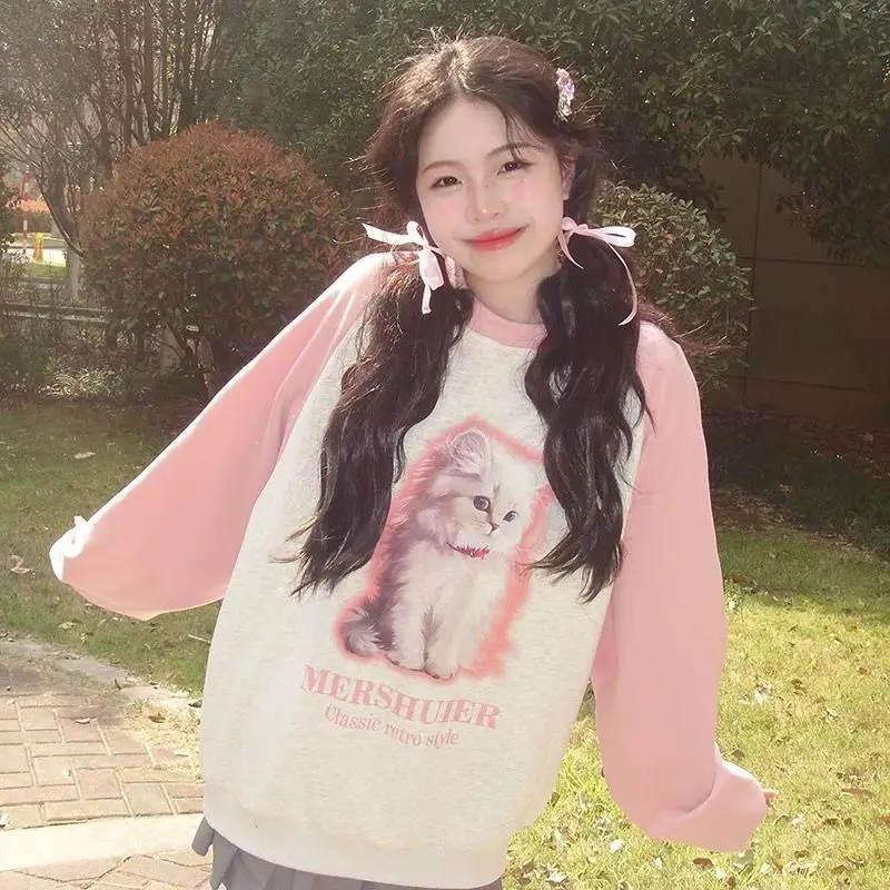 Pink Raglan Sleeves Kawaii Hoodies O-neck Sweatshirt Korean Brand Cute Cat Y2K Printed Loose Pullover Grunge Japanese Winter Top