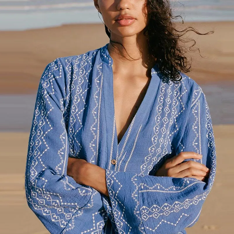 

Spring 2025 New Women's Faion V-ne Long Sve Embroidered irt Street Sle Polyester Fiber 00% Z Brand