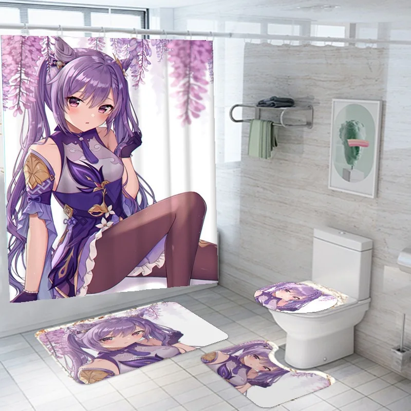 Anime Shower Curtain Genshin Impact 3D Print Bath Mat Set Cartoon Kawaii Loli Girl Bath Curtain Anime Bathroom Toilet Kid Gift