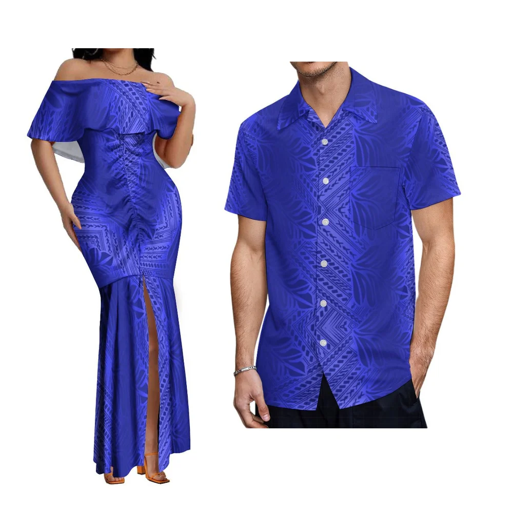 우아한 원숄더 피쉬테일 드레스 (여성용) 폴리네시안 아일랜드 커플 세트 & 남성용 포켓 셔츠 사모아 플로럴 프린트