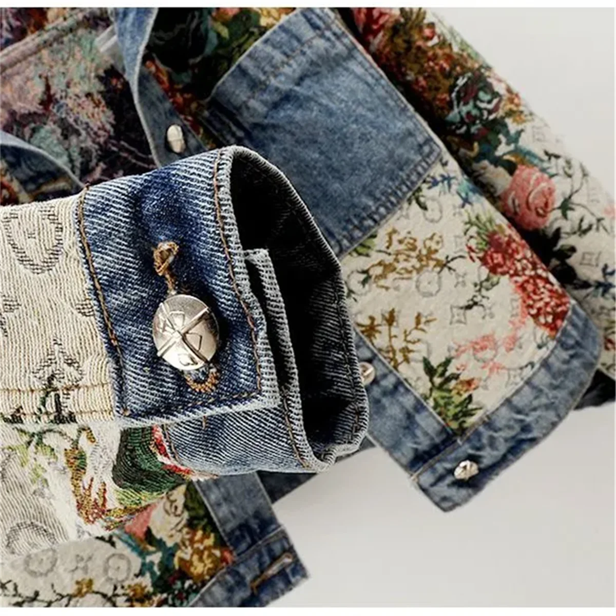 Printed Patchwork Lapel Denim Coat Women Long Sleeve Spring Autumn Jacket Fashion Vintage Short Outerwears Single Breasted Coats