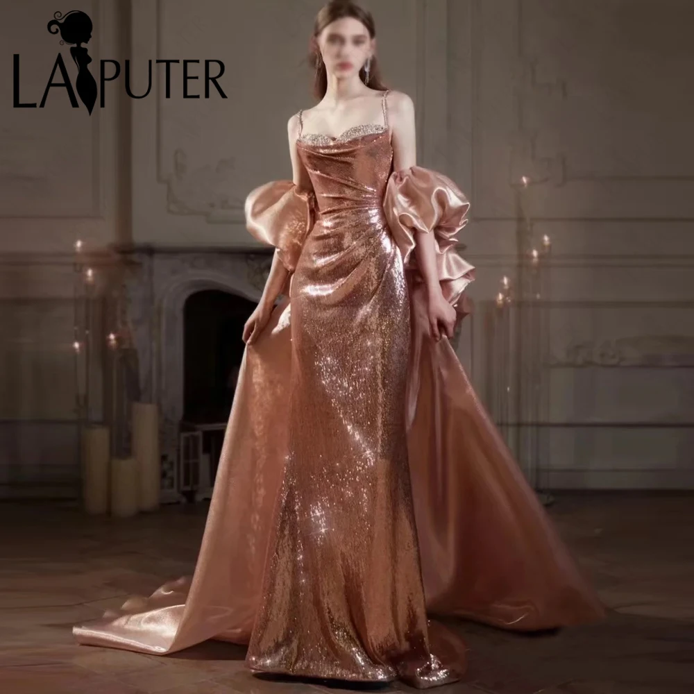 

Вечернее платье русалки с пайетками розового золота, дополнительная накидка с рукавами и лифом из кристаллов и бисера, платье для выпускного вечера с открытыми плечами и оборками, накидка, торжественное платье