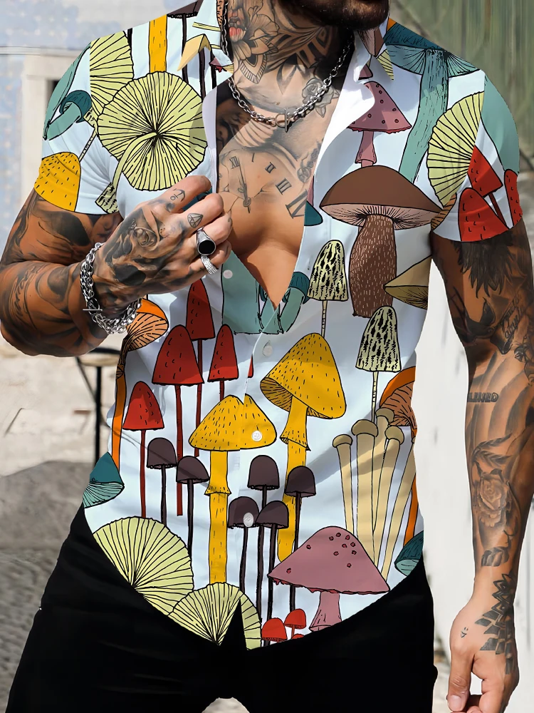 

Summer men's short -sleeved shirt Hawaiian shirt casual loose colorful mushroom 3D printed shirt beach holiday shirt clothing