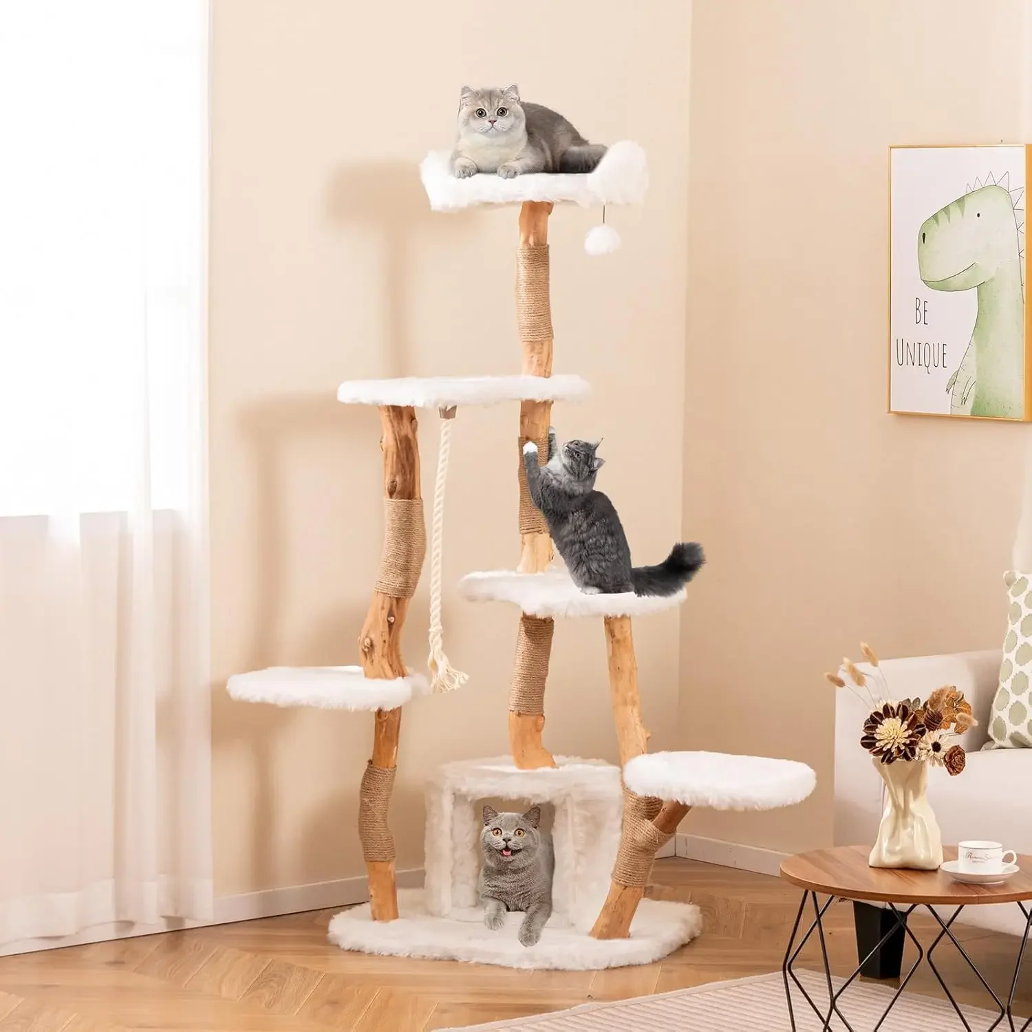 66 Inch Tall Wooden Cat Tree Tower, Multi-Level Cat Tower With Jute Scratching Posts, Sisal Rope, Cat Condo, And Dangling Ball|