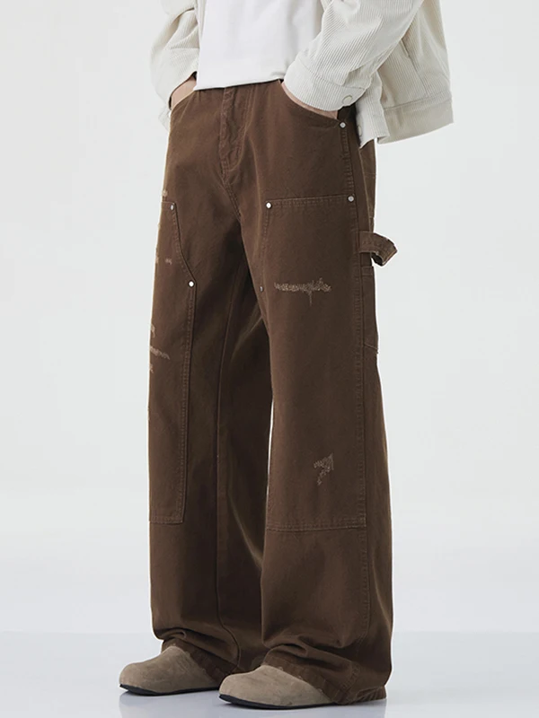 

Retro Logging Workwear Sle Men's Jeans Spring Autumn Multiple kets Rivet Decoration Loose Wide Leg Versatile Long Pants