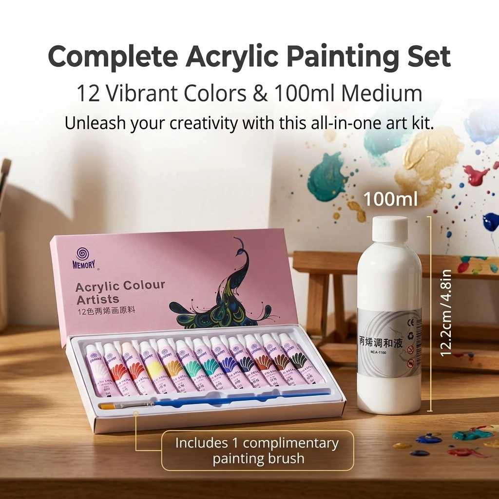 12/24 Colors 5ml Each Acrylic Painting Pigments Set with 100ml Blending Liquid for Glass Painting Suitable for Learning Artists