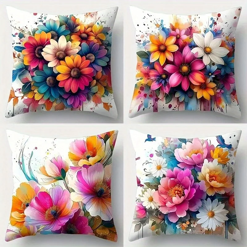 Vibrant Floral Bouquet Cushion Cover Square Throw Pillow Case Home Decor Art Print Cushion Cover 40x40cm
