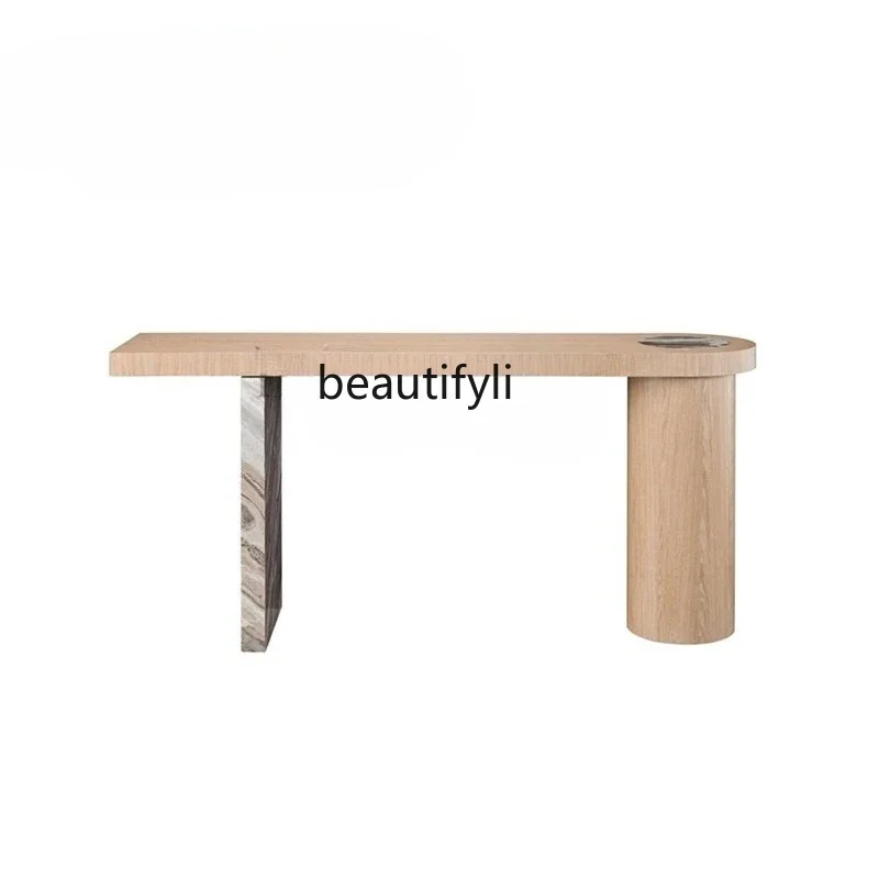 

Simple modern hotel solid wood entrance table designer foyer wall strip art rock slab entrance table0420