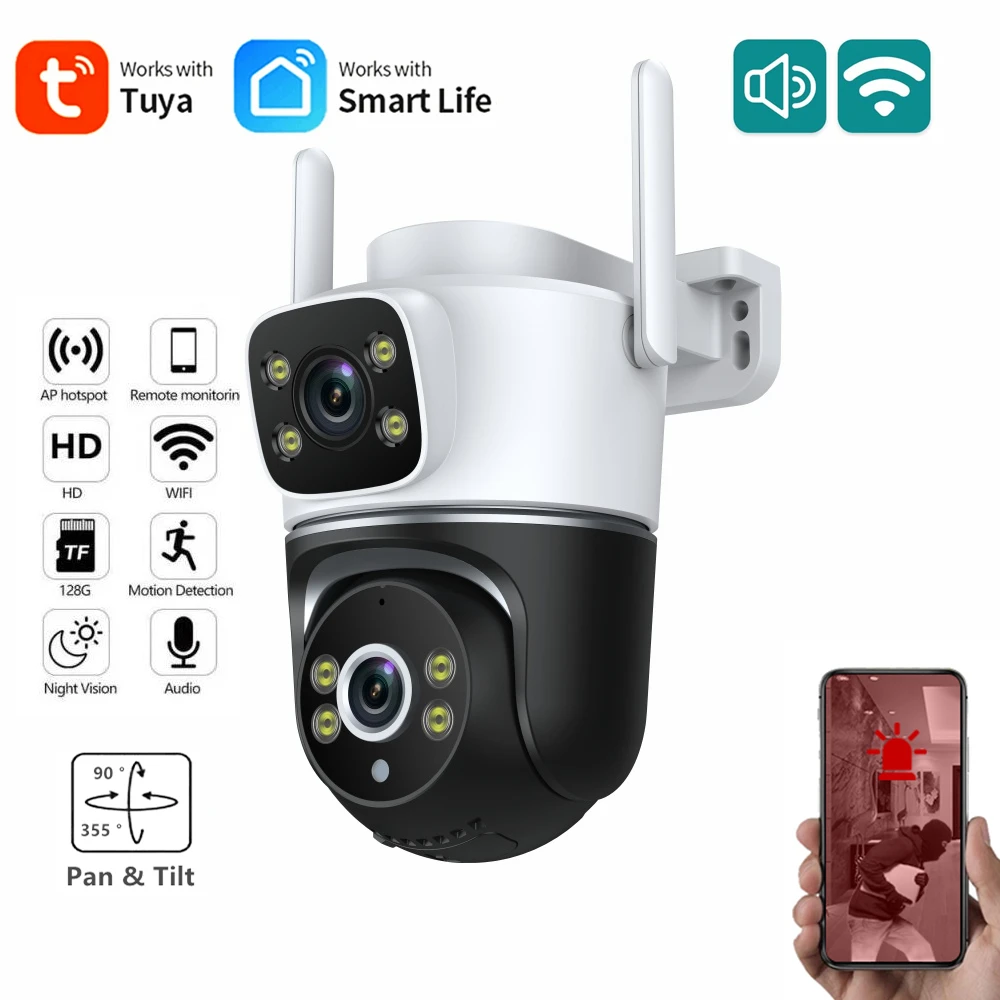 4MP Wireless Outdoor Night Vision Camera for Home Security, Tuya App, Dual Lens, WiFi Surveillance Cameras, Smart Home Security