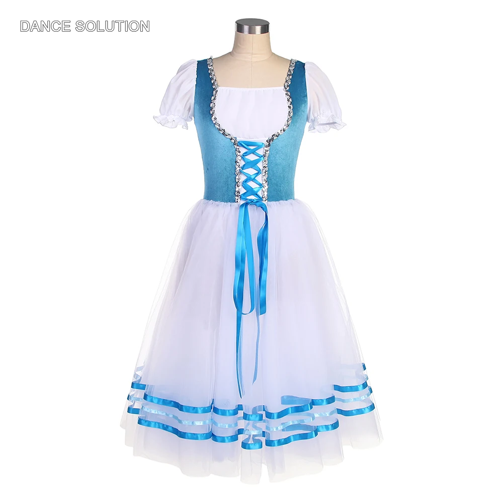 23083 Adult Kids New Ballet Dance Costume Lake Blue Stretch Velvet Bodice with White Romantic Skirt Performance Dress for Girls