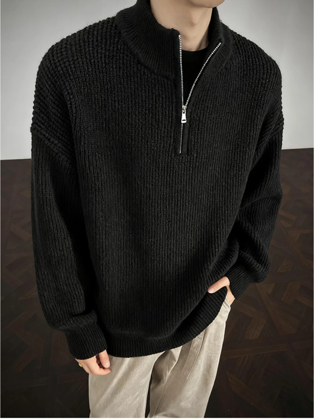 

Модный мужской трикотаж свободного кроя с высоким воротником на молнии, мягкий и уютный, для осенне-зимнего сезона, повседневная одежда из полиэфирного волокна