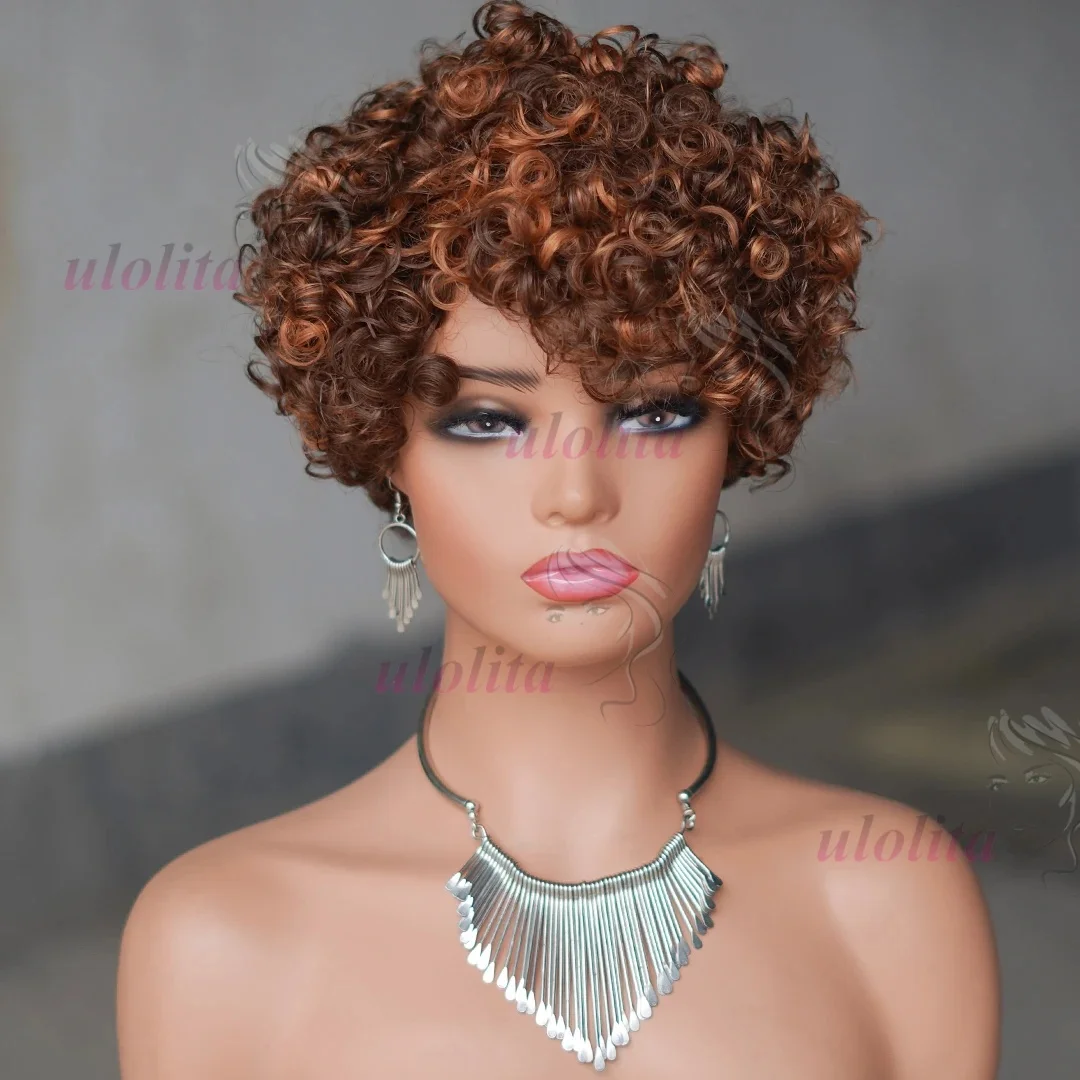 6 Zoll kurze lockige Perücken mit Pony, 4/30 Highlight Piano-Farbe für schwarze Frauen, Echthaar Pixie Cut, federnde lockige Echthaarperücken – Detail 4