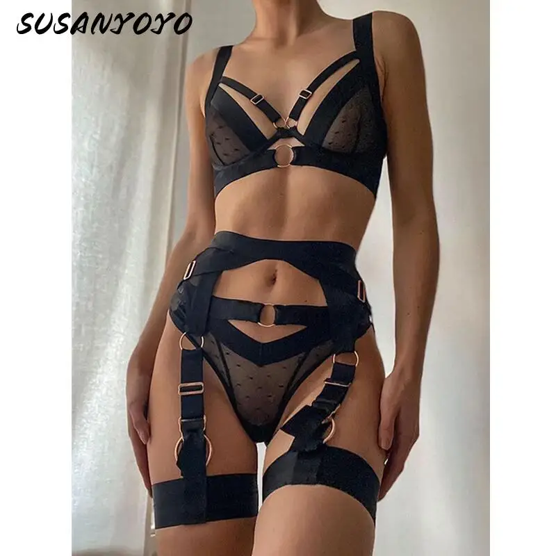 

SUSANYOYO Sheer Female Lingerie Bandage Sexy porn Underwear Women Body Black Uncensored Bilizna Garter Belt Set Lace Intimate