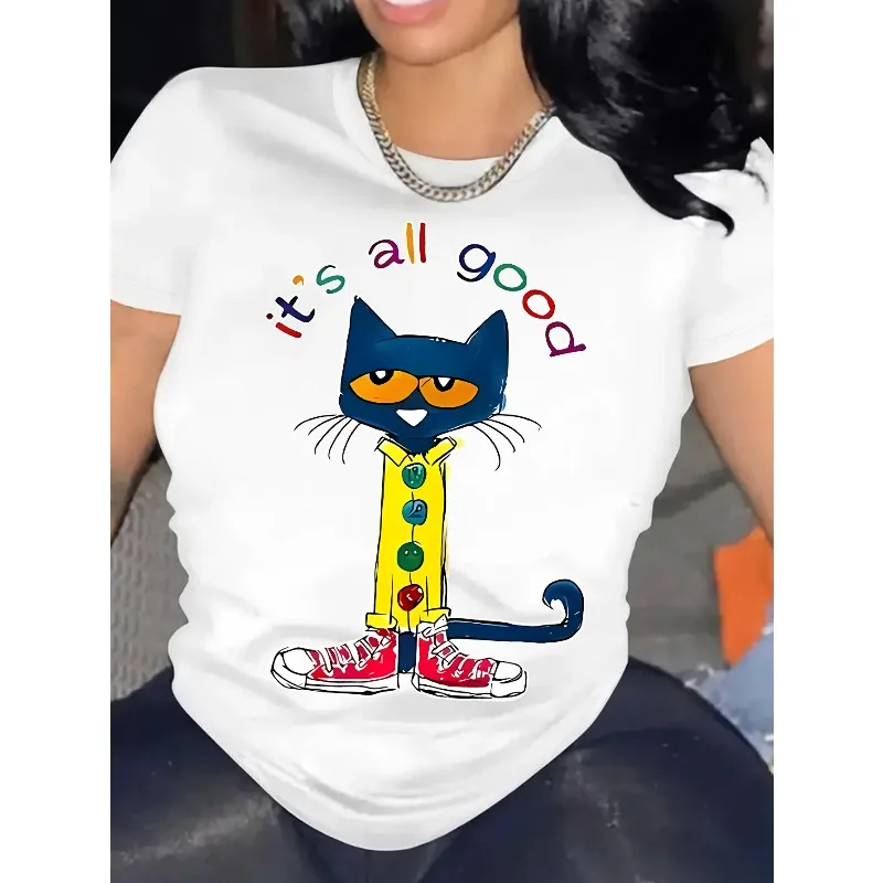 

Cartoon Cat Printed Round Neck T-shirt Suitable for Spring and Autumn Wear, Fashionable Round Neck Women's Cotton T-shirt