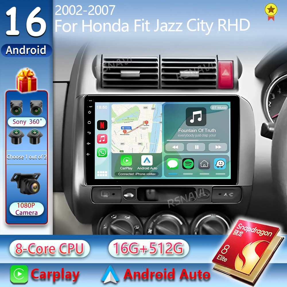 Android 16 For Honda Jazz 1 GD 2001 - 2008 Fit 2001-2009 2K QLED Stereo Car Radio Multimedia Video Player GPS 4G CarPlay