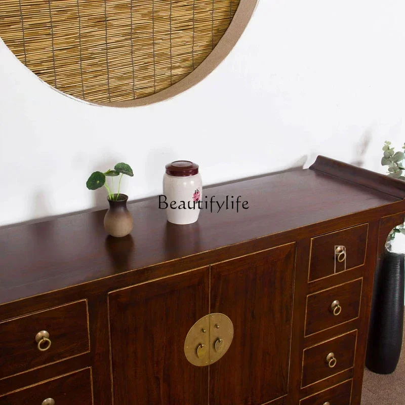 pg45New Chinese Style Side Cabinet Elm Wood Distressed Warped Head Entrance Door Chest of Drawers Buddha Niche Desk Foyer Locker