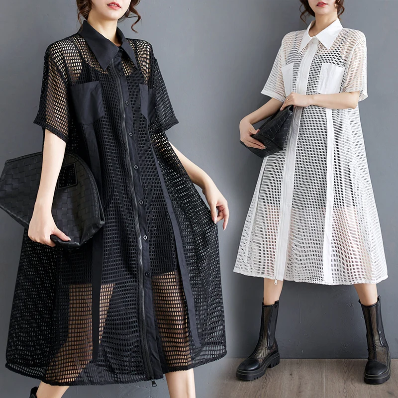 夏のファション、ミセス・シートタフ・ケット・イルト・ドゥ・アルプ・襟付きジッパー・ワンピース・Aラインスカート・ポリエステル生地・ミディ丈・ドゥ・アルプ