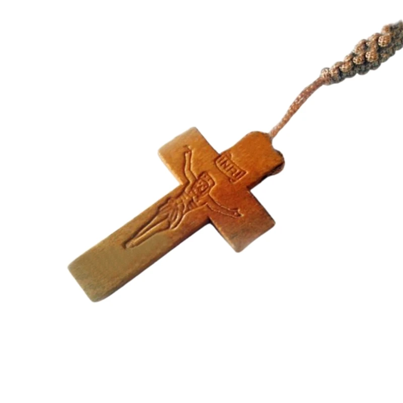 Wood Beads Cross Rosary Necklace Holy Catholic Jewelry Charm Crafts for Christian Church Home Bedroom Decoration