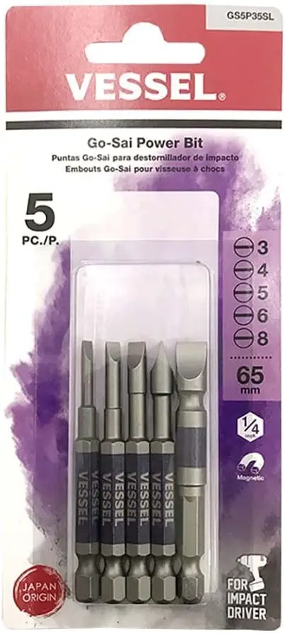 VESSEL 5Pcs Slotted Go-Sai Power Bits Set Opposite 6.35mm Tail Insertion Length 9mm for Impact Driver GS5P35SL Screwdriver Bit