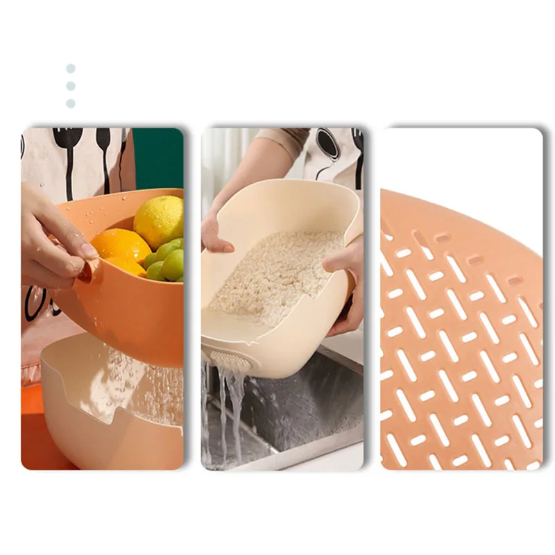 Double Drain Basket Bowl Rice Washing Kitchen Sink Strainer Noodles Fruit Kitchen Gadget Cleaning Drain Basket -Brown