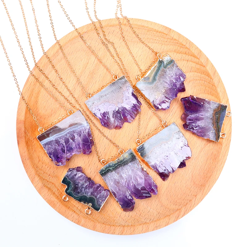 Natural Gem Stone Amethyst Slice Pendant Necklaces Purple Quartz WomenMale Raw Slab Geode for DIY Jewelry Making